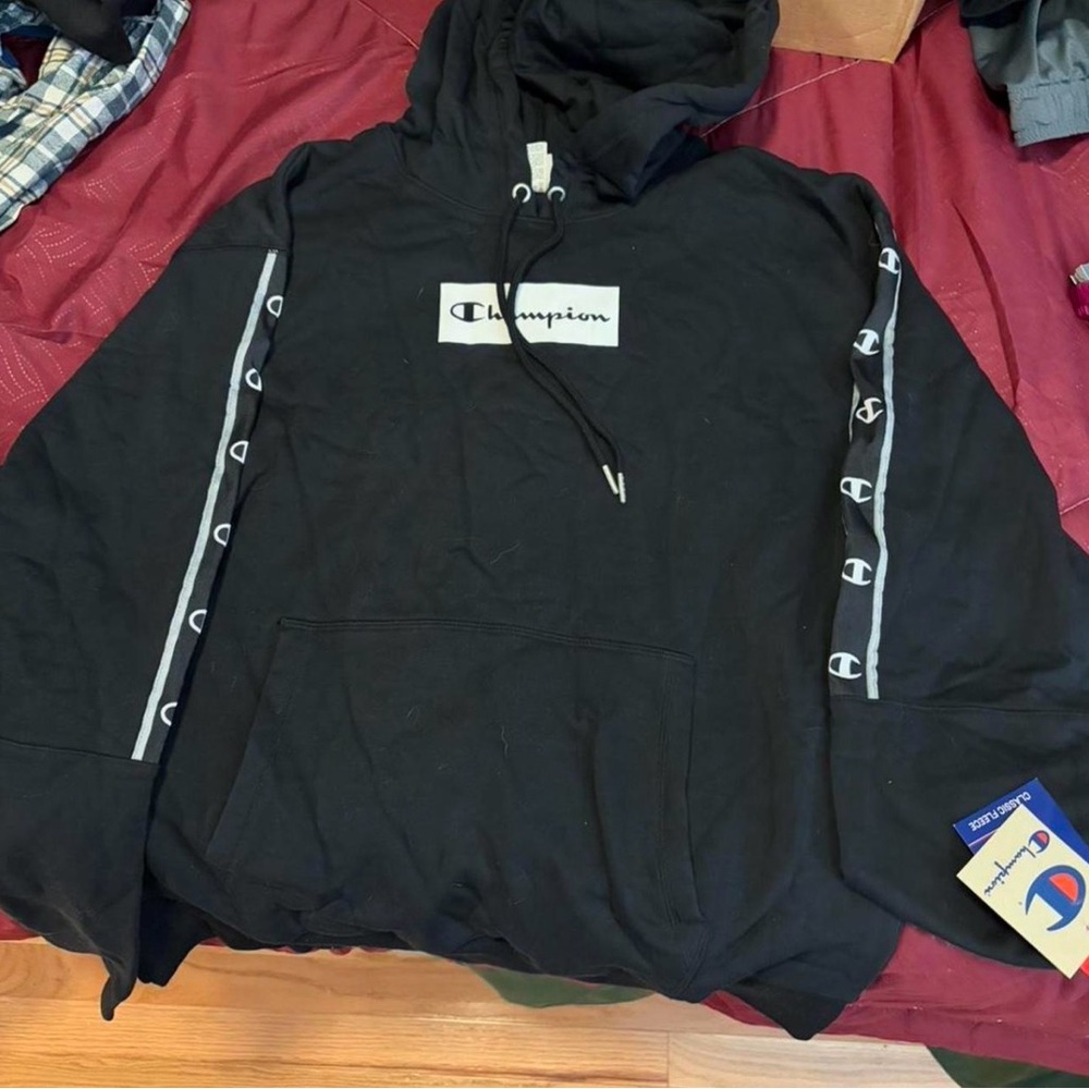 Champion Black Hoodie with White Logo Tape